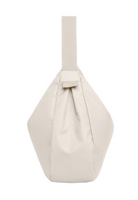 Beige-kangaskassi, jossa on timantin muoto, varustettuna yläpuolen silmukakahvalla ja sileällä pinnalla. Ei näkyviä kuvioita tai metalliosia.