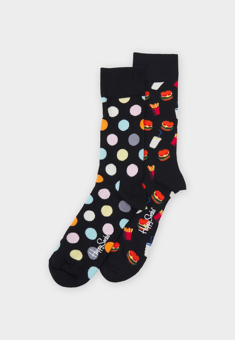 Schwarze Socken mit zwei Designs: Eine Seite mit bunten Punkten und die andere mit Grafiken von Fast Food, darunter Burger und Pommes.