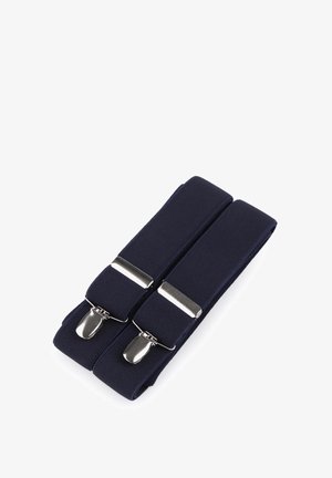 Bretelle elastiche blu con clip metalliche argentate a ciascun estremo e un design piatto, adatte per un attacco sicuro ai vestiti.