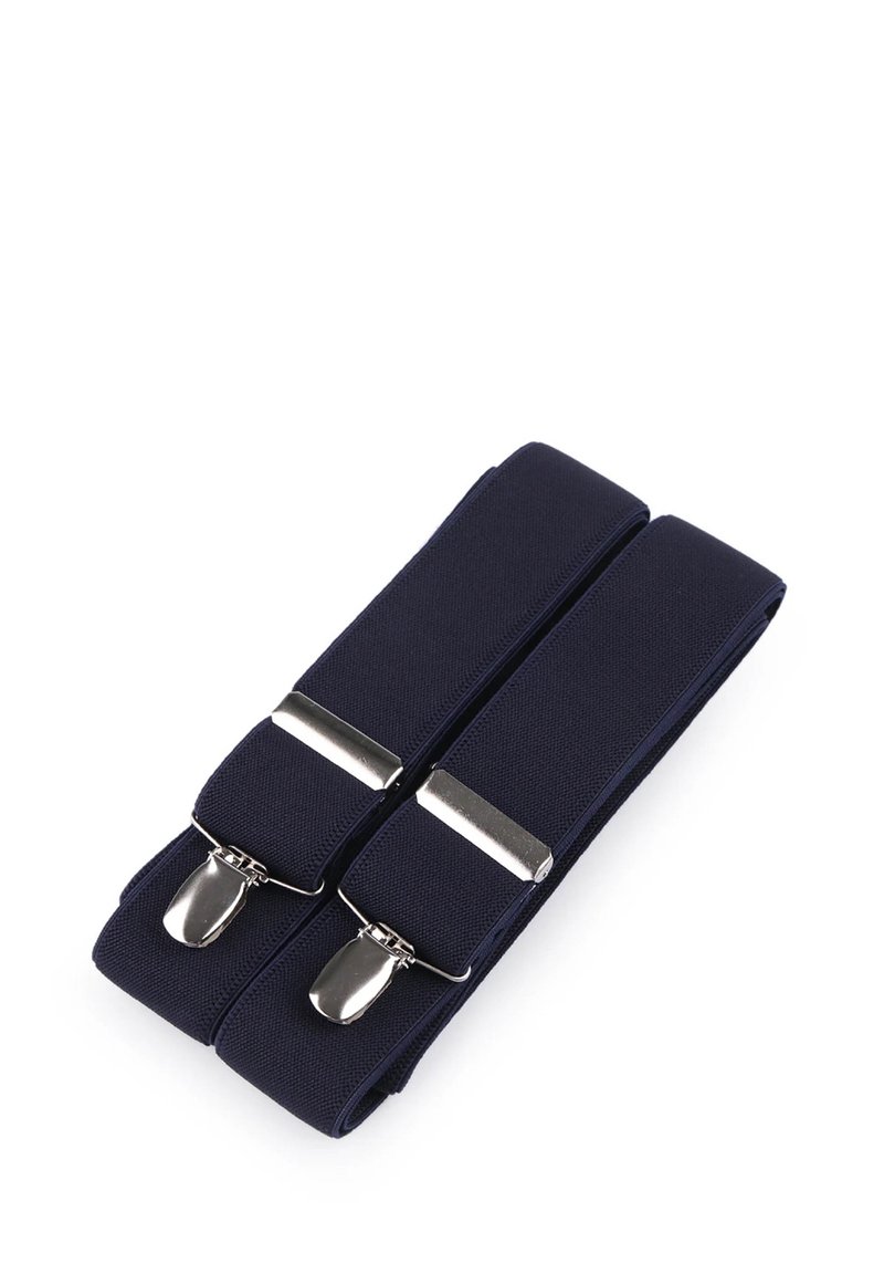Ida élastiques de couleur marine avec des clips en métal argenté à chaque extrémité et un design plat, adaptés pour un attachement sécurisé aux vêtements.