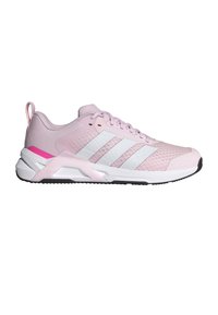 Pinkfarbener Sportschuh mit Mesh-Obermaterial, weißen drei Streifen und Gummisohle. Verfügt über eine strukturierte Oberfläche und einen pinkfarbenen Akzent an der Ferse.