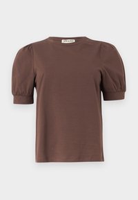 Blouse marron à manches courtes avec manches bouffantes et col rond, présentée sur un fond clair uni.