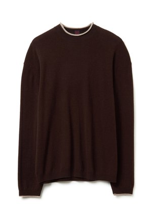 Pull marron à manches longues et col rond. Présente une bordure contrastante de couleur claire autour du col. Texture douce.