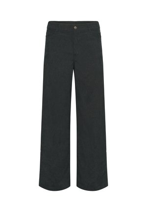 Pantalons noirs à jambe large avec une finition texturée, dotés d'une fermeture à bouton à l'avant et de poches avant, conçus pour un ajustement décontracté.