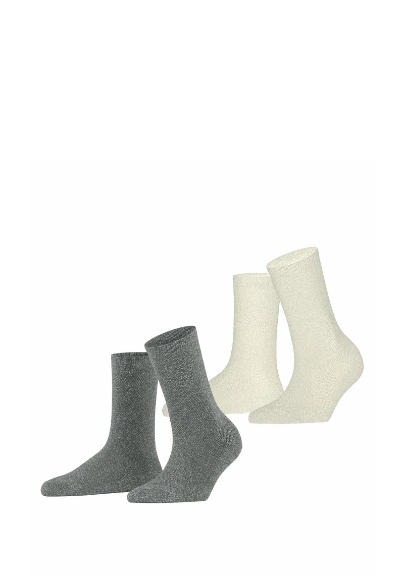 Vier Paar Socken: zwei in dunkelgrau und zwei in hellbeige. Sie verfügen über ein strukturiertes Strickdesign und eine Länge bis zur Mitte der Waden.