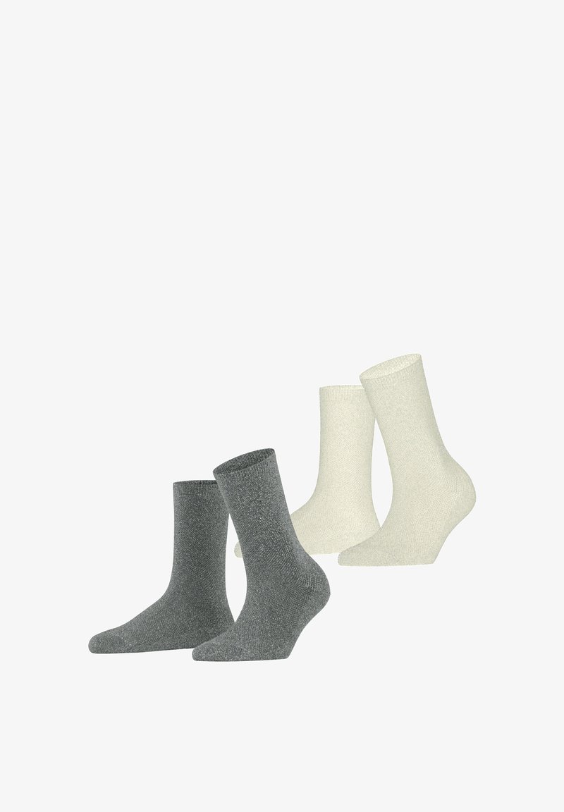 Vier Paar Socken: zwei in dunkelgrau und zwei in hellbeige. Sie verfügen über ein strukturiertes Strickdesign und eine Länge bis zur Mitte der Waden.