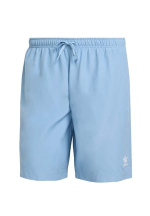Light blue swim shorts with an elastic waistband and drawstring. Features the Adidas logo in white on the lower right side. Smooth fabric.