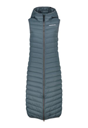 Sleeveless long padded vest with hood, front zipper, and "Alife & Kickin" logo on chest, in muted blue-gray color.