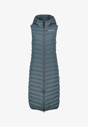 Sleeveless long padded vest with hood, front zipper, and "Alife & Kickin" logo on chest, in muted blue-gray color.