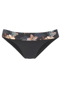Čierne bikiny s kvetinovým potlačou a oranžovými a teal akcentmi na páse. Dôvtipný materiál s hladkou textúrou a stredne vysokým strihom.