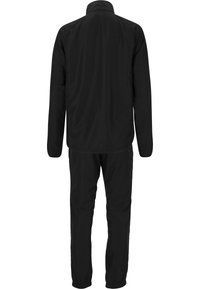 Svart tvådelad träningsoverall bestående av en jacka med dragkedja och långa ärmar samt elastiska manschetter, i kombination med matchande byxor med elastiska nederkanter.