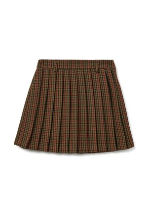 Plissérok met een ruitpatroon in groene, bruine en rode kleuren. Gemaakt van gestructureerde stof met een nauwsluitende tailleband.