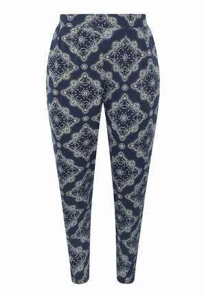 Laivastonsiniset slim fit -housut, joissa on valkoisia, yksityiskohtaisia kukka- ja geometrisia paisley-kuvioita kauttaaltaan.