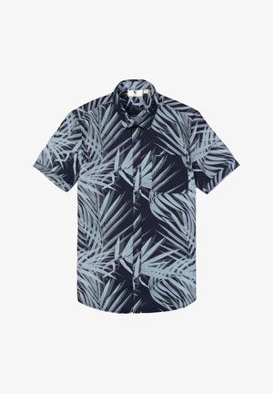 Chemise à manches courtes avec un fond bleu marine et un motif de feuilles de palmier vert clair. Tissu léger avec une poche poitrine.