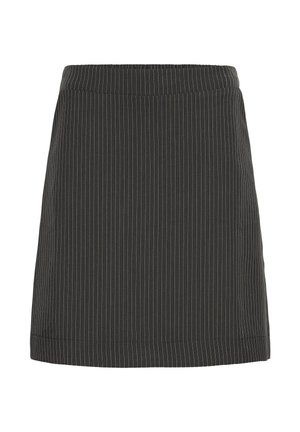 Jupe noire à rayures fines avec une taille élastique et une coupe droite. Fabriquée en tissu texturé, elle présente des rayures blanches étroites sur l'ensemble.