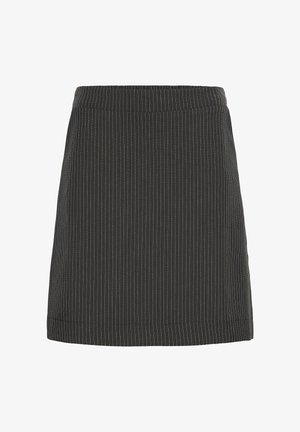 Jupe noire à rayures fines avec une taille élastique et une coupe droite. Fabriquée en tissu texturé, elle présente des rayures blanches étroites sur l'ensemble.
