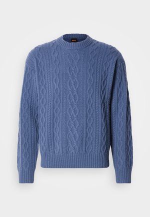 Blue knitted sweater featuring a cable pattern, crew neckline, and ribbed cuffs and hem. Soft texture and medium weight.