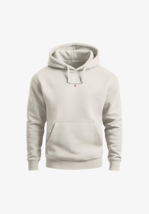 Hellbeiger Hoodie mit Fronttasche, Kordelzug an der Kapuze und kleinem "NEVERLESS" Textlogo mittig auf der Brust.