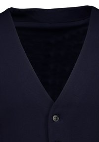 Granatowa kamizelka z dekoltem w kształcie litery V, wyposażona w dwa czarne guziki z przodu, wykonana z gładkiej tkaniny o subtelnej fakturze.