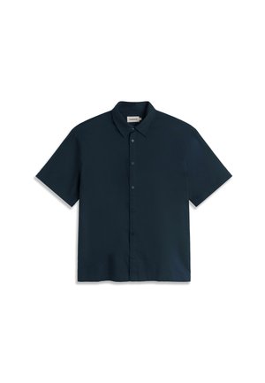 Chemise bleu marine foncé à manches courtes avec col et boutons, présentée à plat sur un fond blanc.