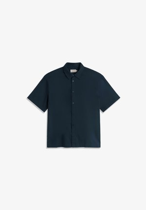Dark navy short-sleeve button-up shirt with a collar, displayed flat on a white background.