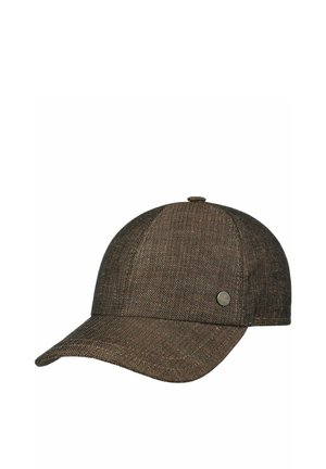 Braune Baseballkappe mit Fischgrätenmuster, gebogenem Schirm und Metalldetail an der Seite, abgebildet auf weißem Hintergrund.