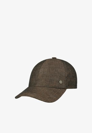 Brown herringbone pattern baseball cap with curved brim and metal button detail on the side, shown on a plain white background.