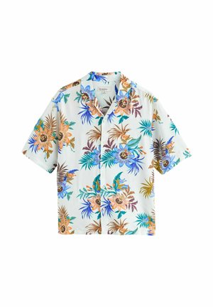 White short-sleeve button-up shirt with a colorful tropical floral pattern in blue, orange, green, and brown tones.