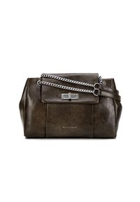 Borsa a tracolla in pelle marrone con forma strutturata, catene in argento e patta frontale. Presenta un clasp metallico e un logo sul davanti.