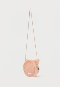 Piccola borsa a tracolla rotonda rosa con texture pelosa e orecchie da gatto, dotata di cerniera e sottile tracolla.