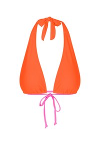 Top bikini a halter in tessuto arancione brillante con lacci rosa; presenta una scollatura a V profonda e una copertura minima. Texture liscia, senza schemi.