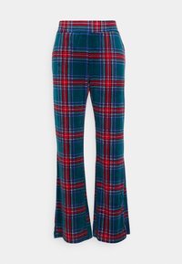 Pantalons évasés verts avec un motif écossais rouge, bleu et blanc, taille élastique, fabriqués en tissu velours doux.