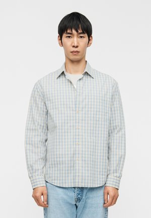 Light blue and cream checkered shirt with a button front, long sleeves, and a chest pocket, made of lightweight cotton fabric.