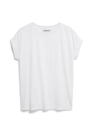 Witte T-shirt met korte mouwen van zachte stof, voorzien van een ronde halslijn en opgerolde mouwen. Heeft een klein logo op de borst.