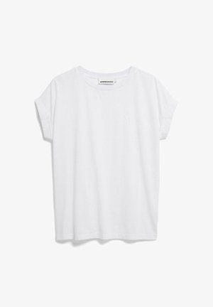 Witte T-shirt met korte mouwen van zachte stof, voorzien van een ronde halslijn en opgerolde mouwen. Heeft een klein logo op de borst.