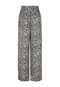 Wide-leg trousers in lightweight fabric with a beige background and black leopard print. Features an elastic waistband for comfort.