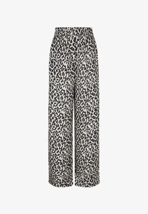 Wide-leg trousers in lightweight fabric with a beige background and black leopard print. Features an elastic waistband for comfort.