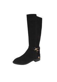 Svart mockaknästövel med flat sula, med ett guldspänne och detaljsömmar på sidan. Mjuk textur, klassisk design.