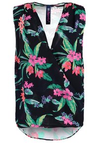 Blusa sin mangas floral con un profundo escote en V, con un fondo negro, patrones florales multicolores y un corte holgado con un dobladillo curvado.