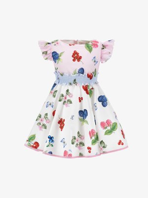 Abito floreale rosa con maniche a volant, con mirtilli e ciliegie su una gonna bianca. Vita smock e accenti azzurri.