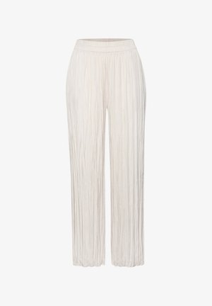 White pleated wide-leg trousers with elastic waistband, made of lightweight fabric, suitable for casual or formal wear.