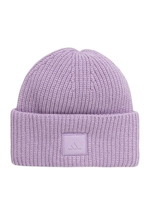 Berretto a coste di colore viola chiaro con risvolto e piccola toppa quadrata con un logo sottile sul davanti.