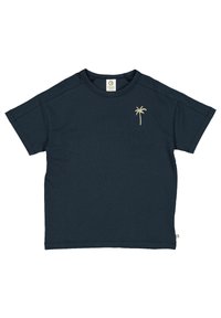 Navy blue short-sleeve t-shirt with small beige palm tree embroidery on the left chest and a round neckline.
