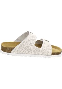 White slide sandal featuring a textured croc-skin pattern, two wide straps, and a cushioned footbed with a brown accent. Flexible white sole.