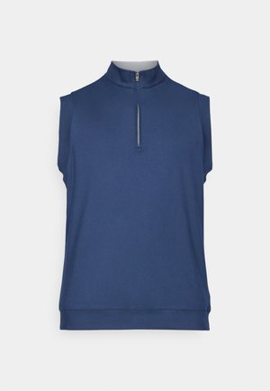 Marineblaues ärmelloses Oberteil mit Stehkragen und teilweisem Reißverschluss vorne. Glatte Textur, taillierter Schnitt und ein schlichtes Design ohne Verzierungen.