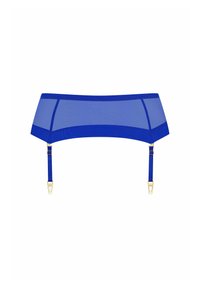 Top en lingerie en maille bleue avec un design de bande structuré, comportant des accents en métal doré et des bretelles ajustables pour un meilleur ajustement.