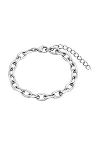 Bracciale in argento con maglie allungate, finitura lucida e chiusura a moschettone; include una catena regolabile per personalizzare la lunghezza.