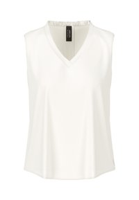 White sleeveless top with a V-neck design, smooth fabric, and a relaxed fit. Includes a subtle curved hem and tag inside the neckline.