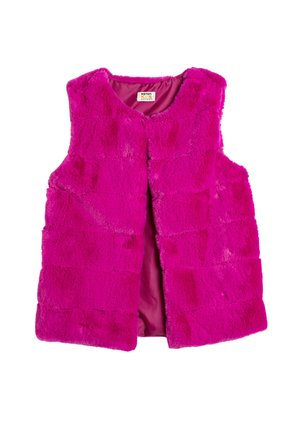 Faux fur vest i lys pink. Har et ærmeløst design med en rund halsudskæring og blødt, struktureret stof, uknappet foran.