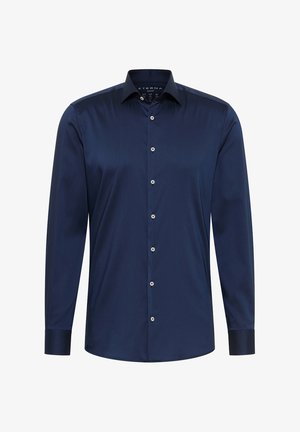 Navy blue long-sleeve shirt made of smooth fabric, featuring a pointed collar and silver buttons down the front, with buttoned cuffs.